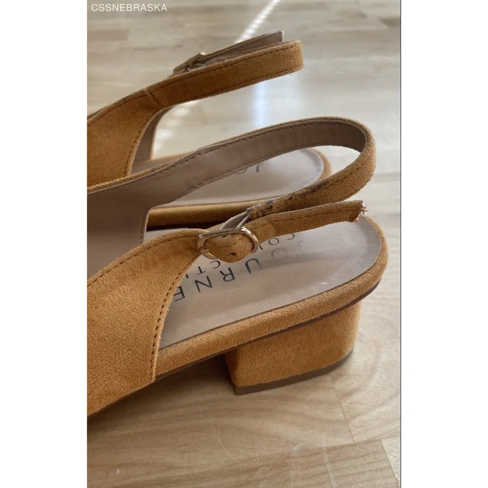 Journee Collection Kittie Mustard Faux Suede Slingback Block Heels Size 9.5